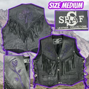 SHAF Leather Collections Motorcycle Vest Size Medium Purple Rose Inlays